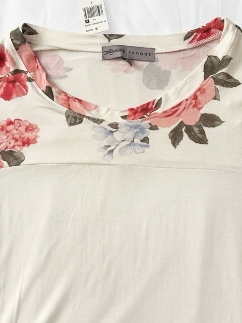 Absolutely Famous Cream Top with Coral Floral Sleeves & Stripe Hem - Picture 3 of 10